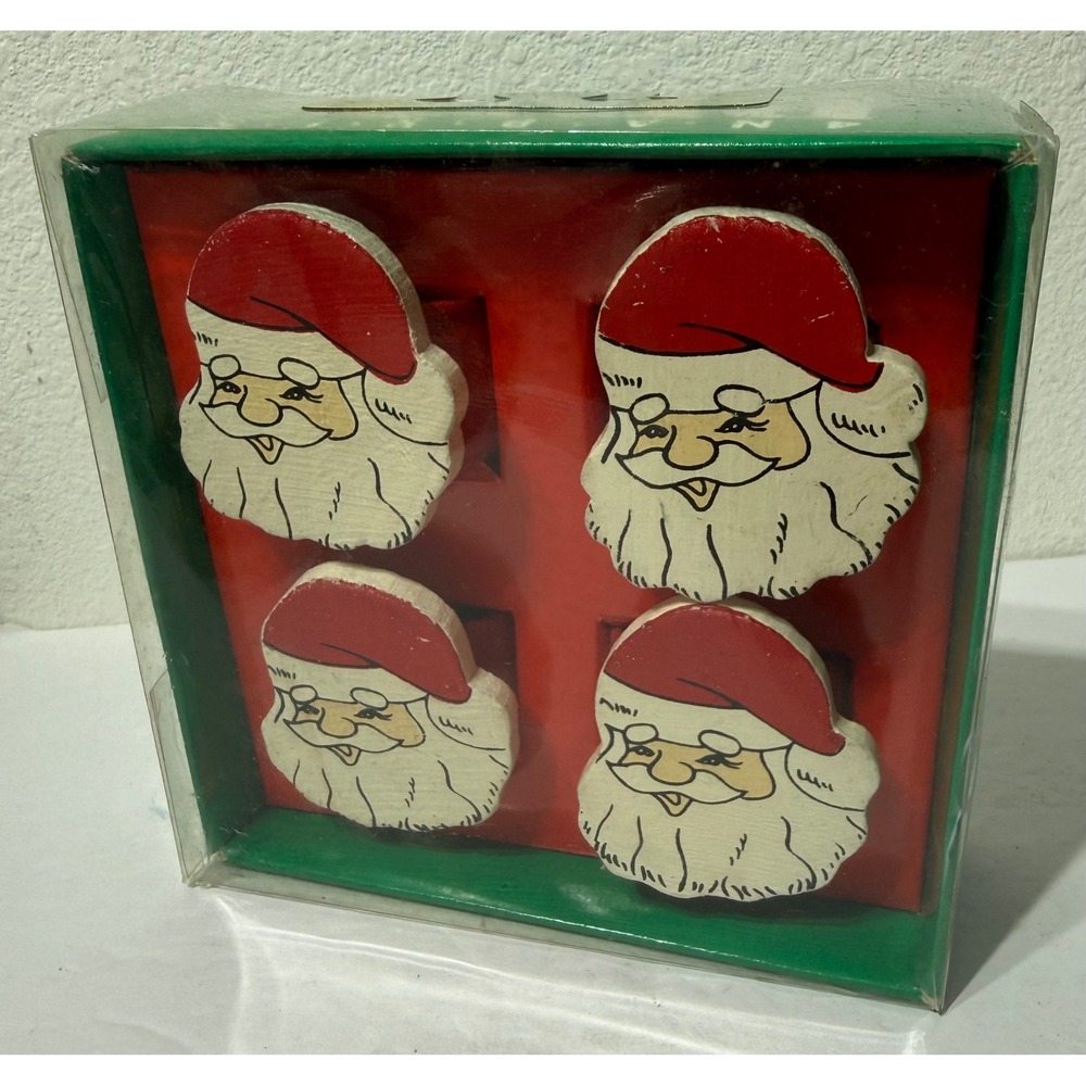 Vintage Hedaya Brothers Santa Claus Wood Napkin Rings Set of 4 Original Box